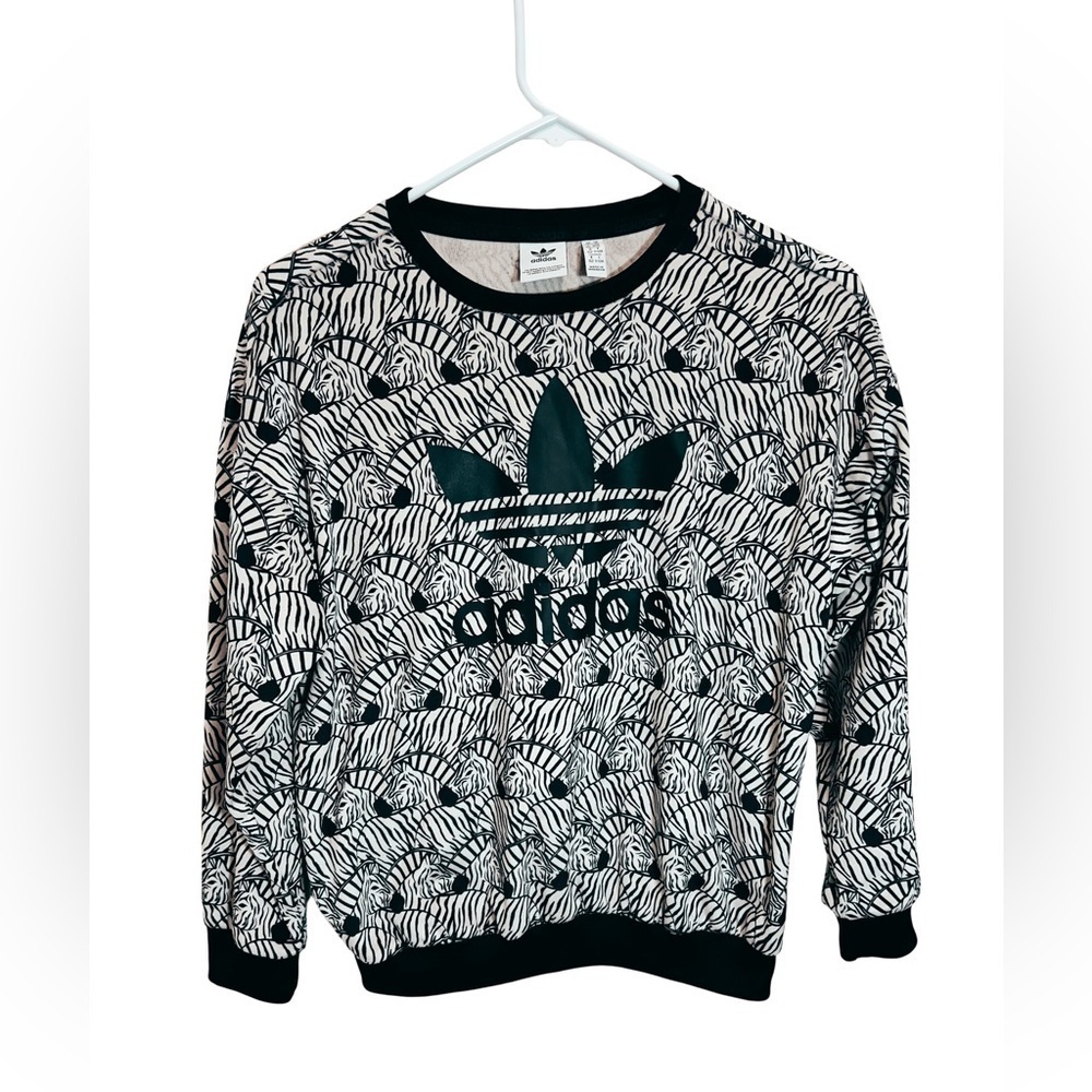 Adidas Original Zebra Print Trefoil Sweatshirt Black White Crewneck girls 11/12